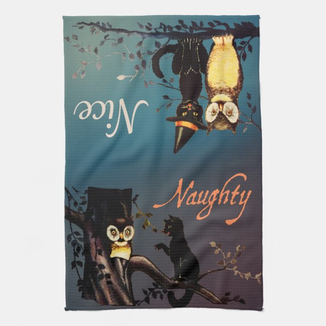 Halloween Naughty or Nice Towel - Cat and Owl (Vertical)