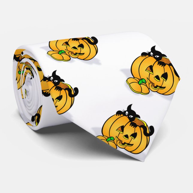 Halloween Necktie/Pumpkin and Black Cat Neck Tie (Rolled)