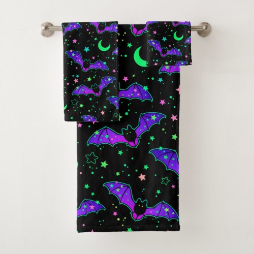 Halloween Neon Bats Moons and Stars Bath Towel 