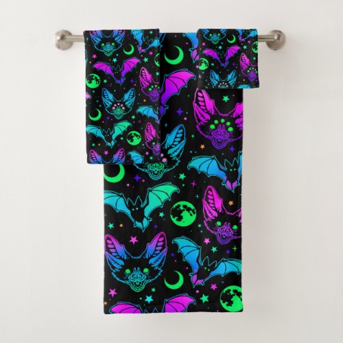 Halloween Neon Cats Bats Moons and Stars   Bath Towel Set