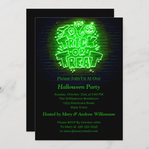 Halloween Neon Glow Look Green Trick Treat Party Invitation
