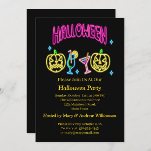 Halloween Neon Glow Look Pumpkin Cocktail Party Invitation