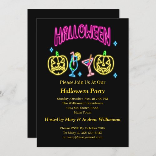Halloween Neon Glow Look Pumpkin Cocktail Party Invitation
