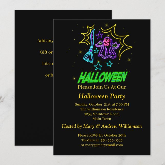 Halloween Neon Glow Look Purple Ghost Broom Party Invitation (Front/Back)