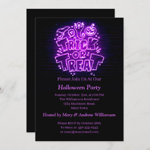 Halloween Neon Glow Look Purple Trick Treat Party Invitation