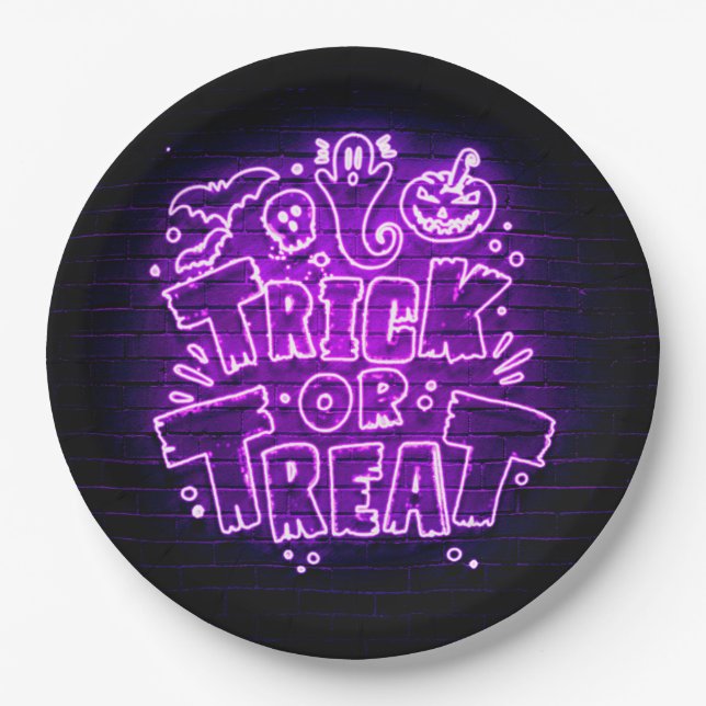 Halloween Neon Glow Look Purple Trick Treat Party  Paper Plates (Front)
