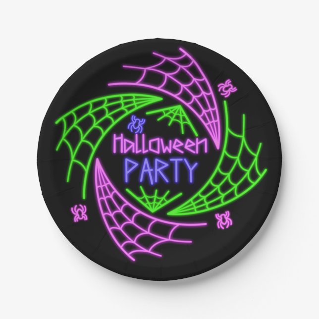 Halloween Neon Glow Look Spider Web Party 7" Paper Plates (Front)