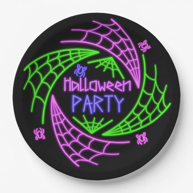 Halloween Neon Glow Look Spider Web Party 9" Paper Plates (Front)