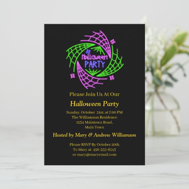Halloween Neon Glow Look Spider Web Party Invitation (Standing Front)
