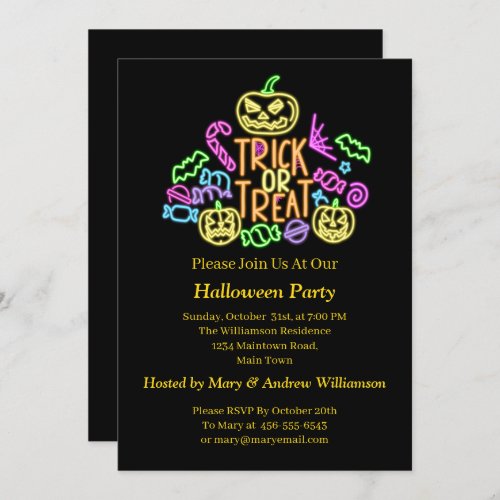 Halloween Neon Glow Look Trick Treat Candy Party  Invitation