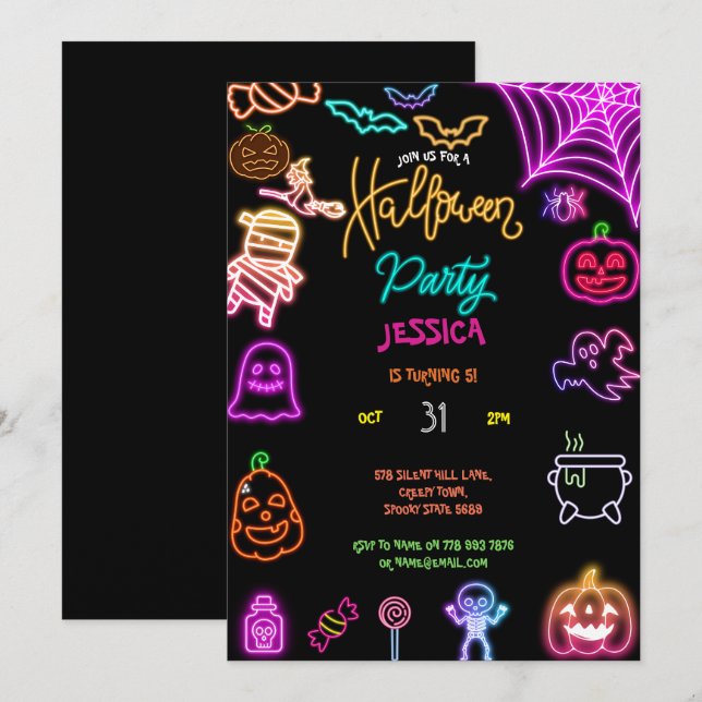 Halloween Neon Kids Birthday Party Glow Dark Invitation (Front/Back)