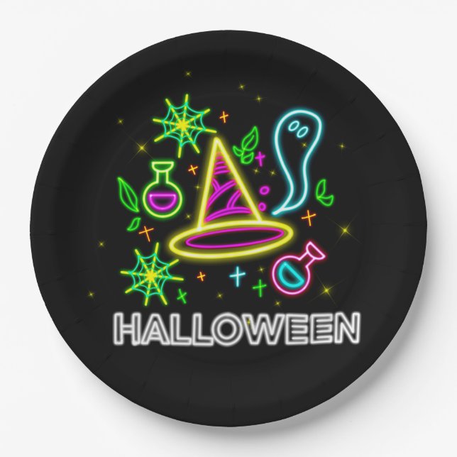 Halloween Neon Look Hat Ghost Web Party 9" Paper Plates (Front)