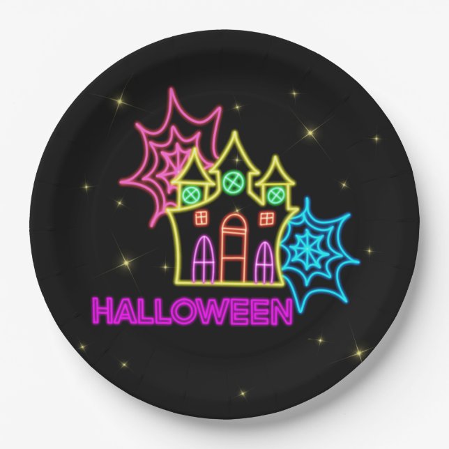 Halloween Neon Look Haunted House Spider Web 9" Paper Plates (Front)