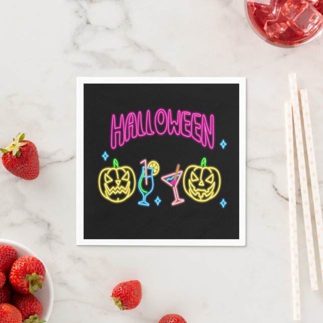 Halloween Neon Look Pumpkin Cocktail Party Napkins (Insitu)