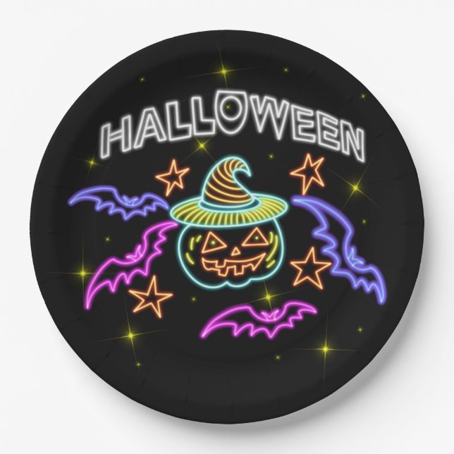 Halloween Neon Look Pumpkin Hat Bats Party 9" Paper Plates (Front)