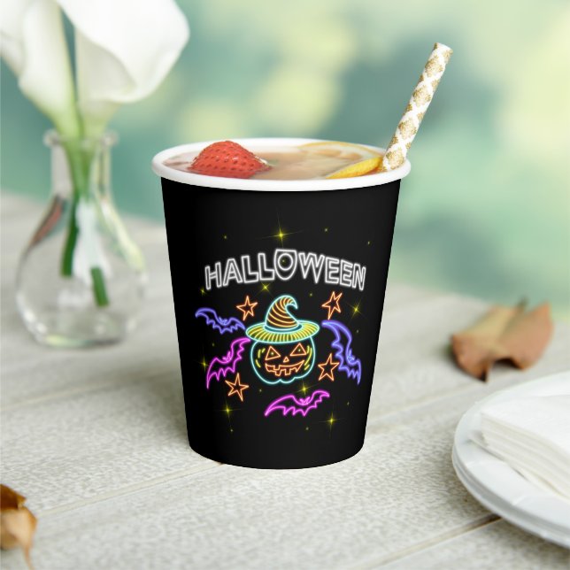 Halloween Neon Look Pumpkin Hat Bats Party Paper Cups (Insitu)