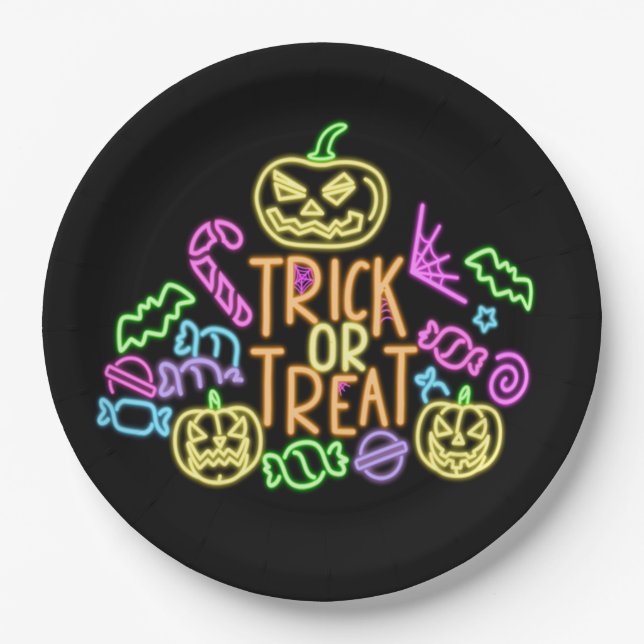 Halloween Neon Look Trick Treat Candy  Party 9"  Paper Plates (Front)