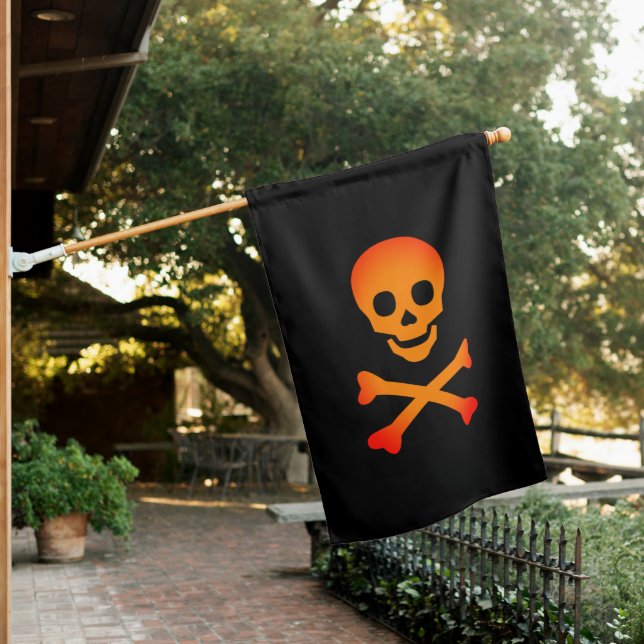 Halloween neon orange scary pirate skeleton skull house flag (In SItu)