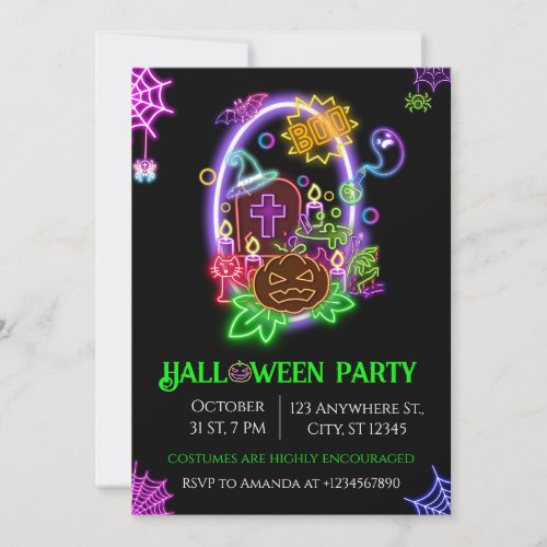  Halloween Neon Party Invitation Ghosts  Pumpkins