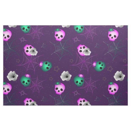 Halloween neon pink and green glowing sculls fabric