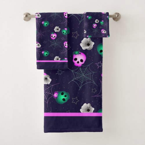 Halloween Neon Pink and Green Glowing Skulls Bath Towel Set