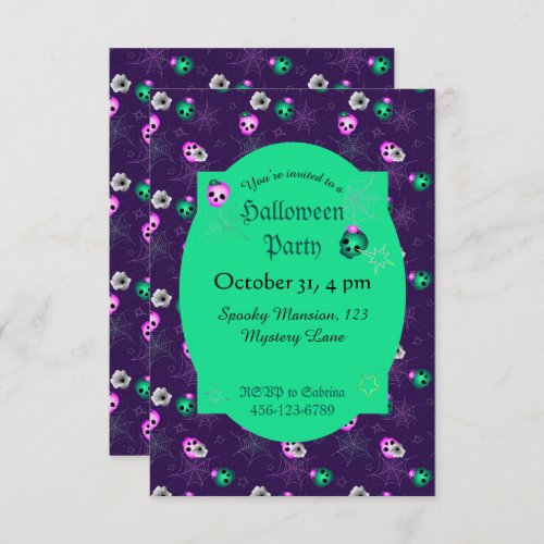   Halloween Neon Pink and Green Glowing Skulls Inv Invitation