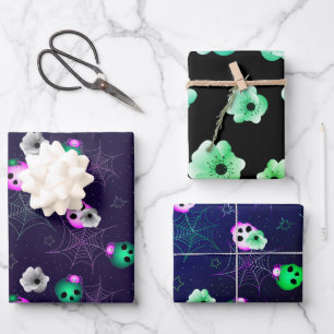 Halloween Neon Pink and Green Glowing Skulls Wra Wrapping Paper Sheets