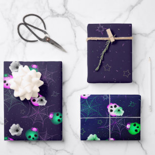 Halloween Neon Pink and Green Glowing Skulls Wrapping Paper Sheets