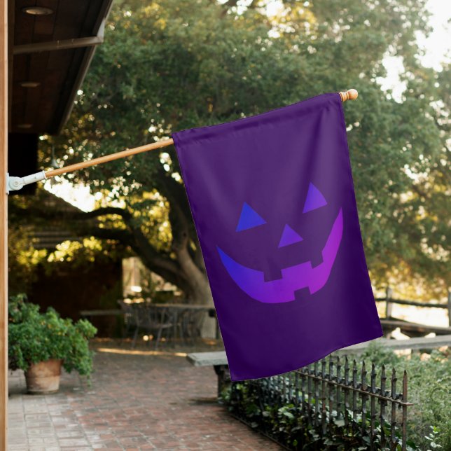 Halloween neon purple Jack o lantern face spooky House Flag (In SItu)