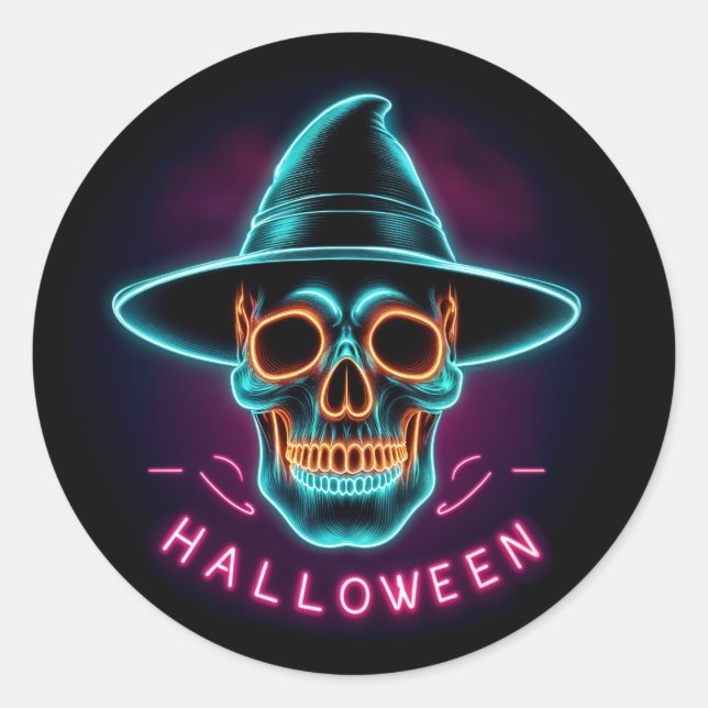 Halloween neon skull classic round sticker (Front)