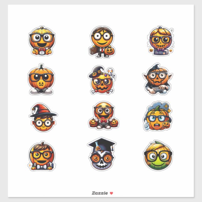 Halloween Nerd Emoji-Like Pumpkin Stickers (Sheet)