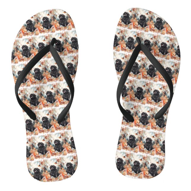 Halloween Newfoundland With Pumpkins Scary  Flip Flops (Footbed)
