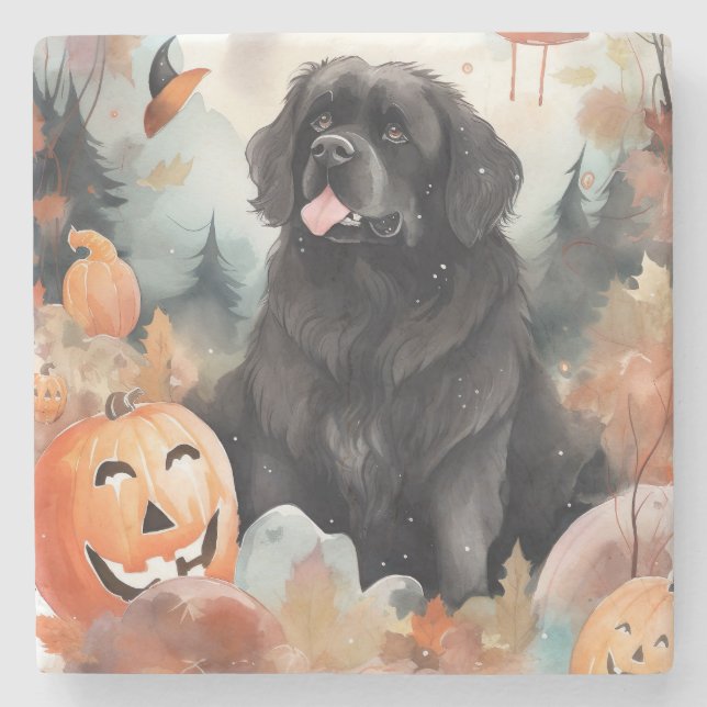 Halloween Newfoundland With Pumpkins Scary  Stone Coaster (Front)