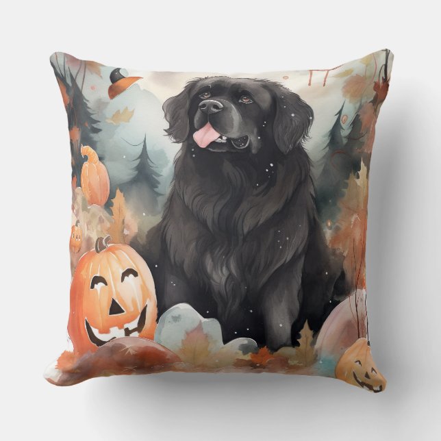 Halloween Newfoundland With Pumpkins Scary  Throw Pillow (Front)