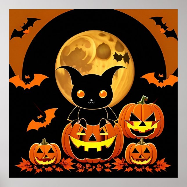 Halloween Night Cartoon Bats Pumpkins Full Moon Poster (Front)