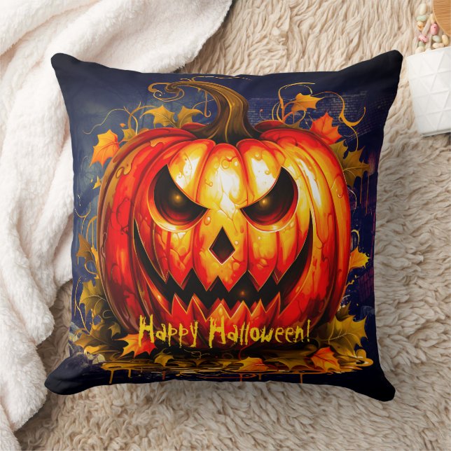 Halloween Night Creepy Pumpkin Throw Pillow (Blanket)