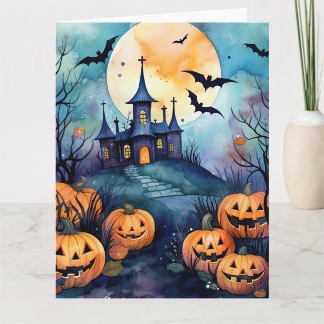 Halloween Night Full Moon Jack O’Lanterns Bats Card (Front)