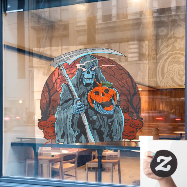 Halloween Night Grim Reaper Scary Pumpkins Window Cling (Cafe Window)