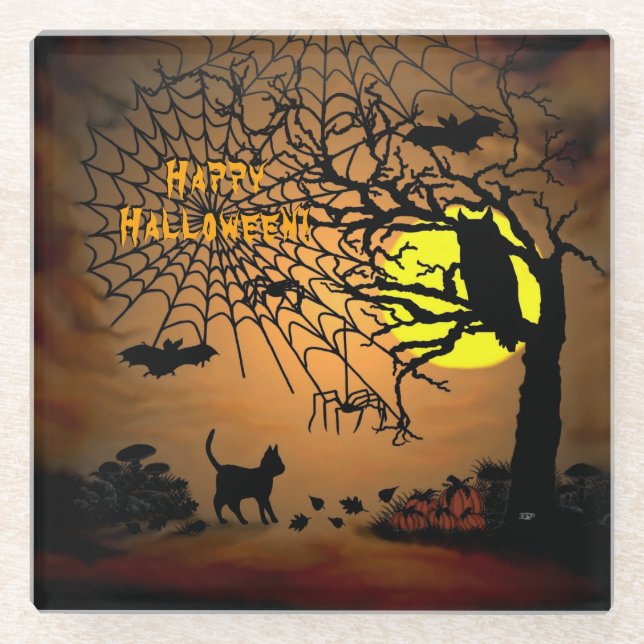 Halloween Night , Happy Halloween ! Glass Coaster (Front)