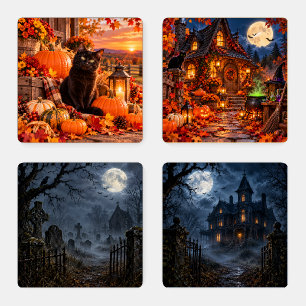 Halloween Night Haunted House Coaster Set