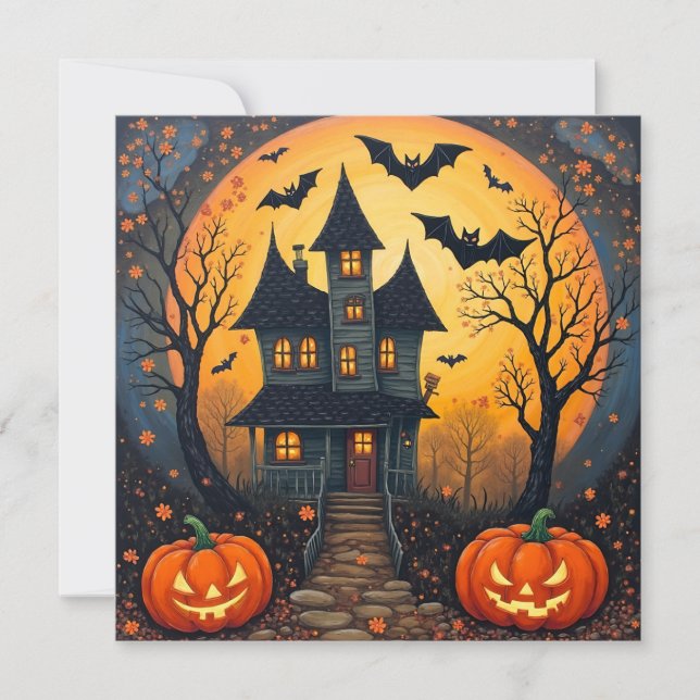Halloween Night Haunted House, Pumpkins  Holiday Card (Front)