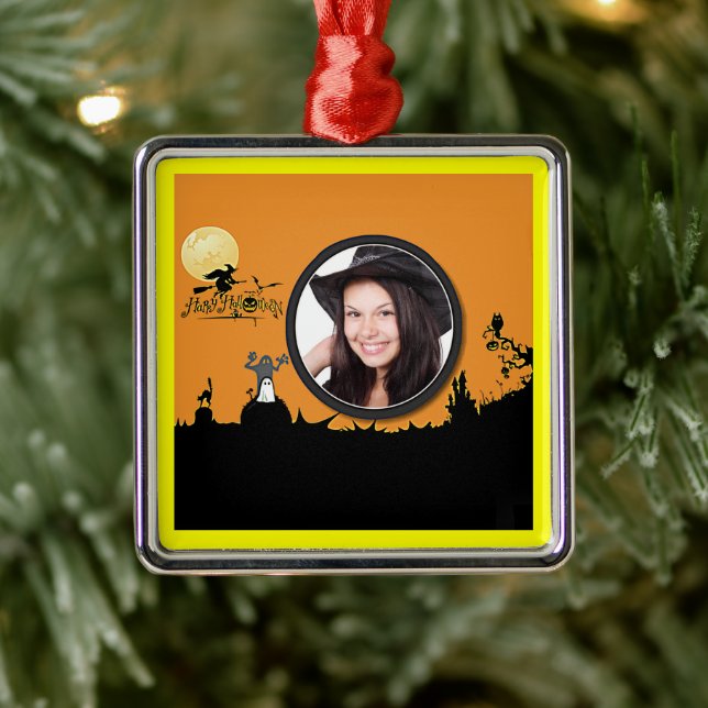 Halloween Night in Orange Glow Add Your Photo Metal Ornament (Tree)