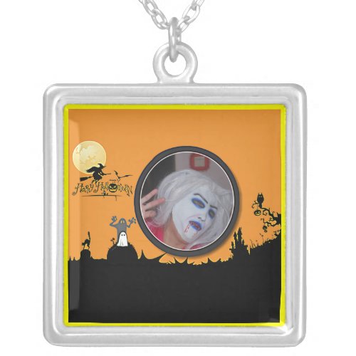 Halloween Night in Orange Glow Add Your Photo Silver Plated Necklace
