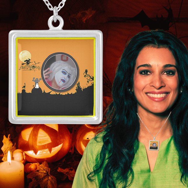 Halloween Night in Orange Glow Add Your Photo Silver Plated Necklace (Halloween Night in Orange Glow Add Your Photo Silver Plated Necklace)