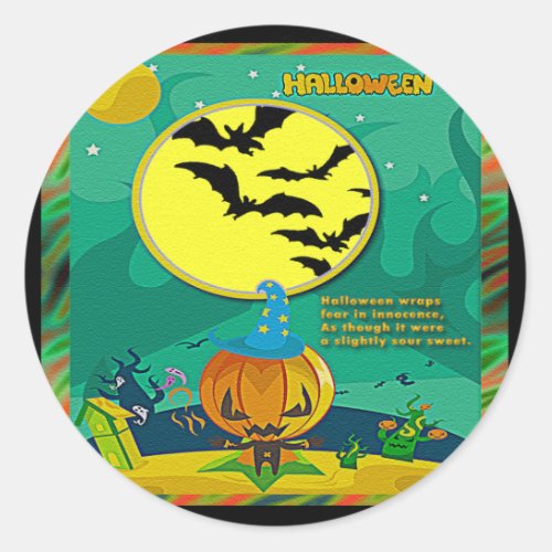 Halloween Night Jack o Lantern Wizard Scene Classic Round Sticker