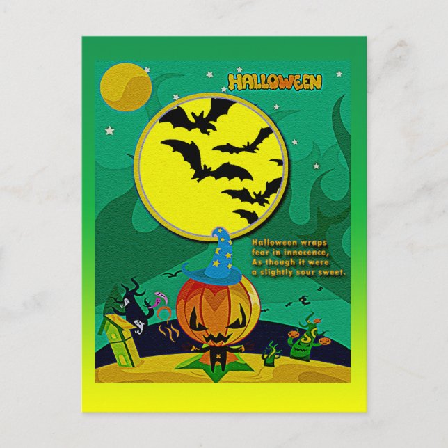 Halloween Night Jack o' Lantern Wizard Scene Postcard (Front)