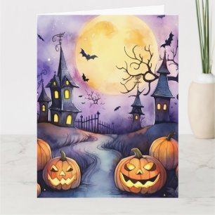 Halloween Night Jack O’Lanterns Bats Cemetery Card