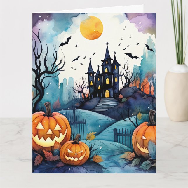 Halloween Night Jack O’Lanterns Bats Moon Ghost Card (Front)