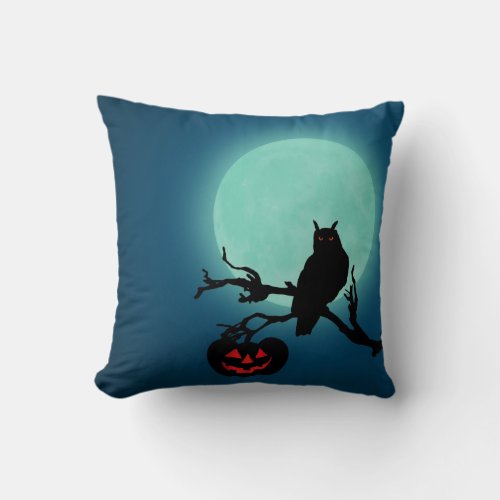 Halloween Night Pumpkin Owl Throw Pillow