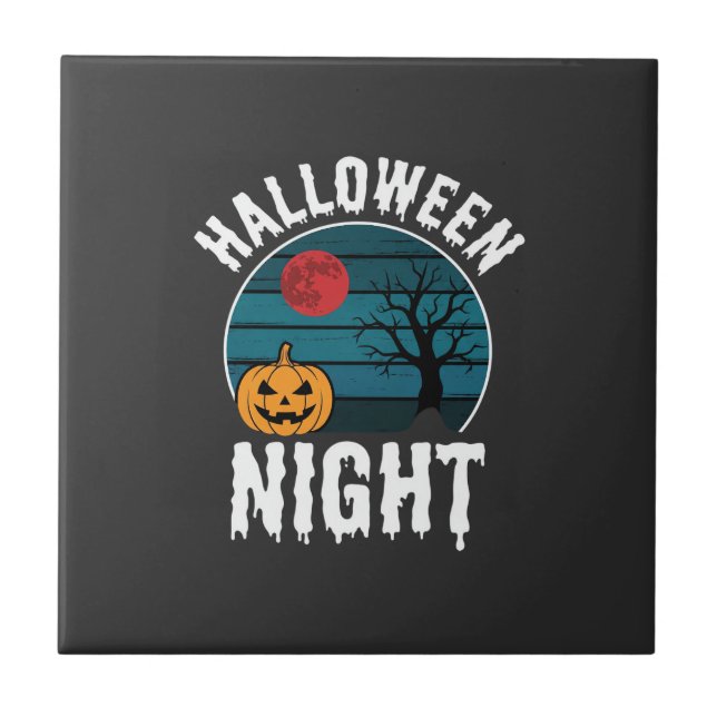 Halloween Night Pumpkin Tree Vector Ceramic Tile (Front)